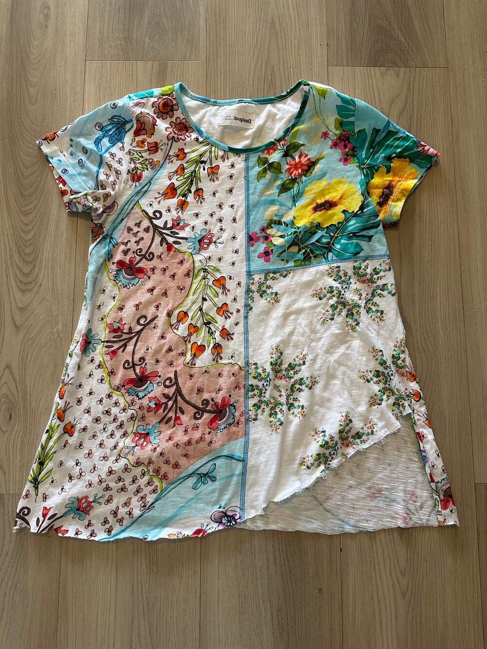 Desigual Patchwork Floral T-Shirt Asymmetrical Hem Girls 13/14 / Womens XS